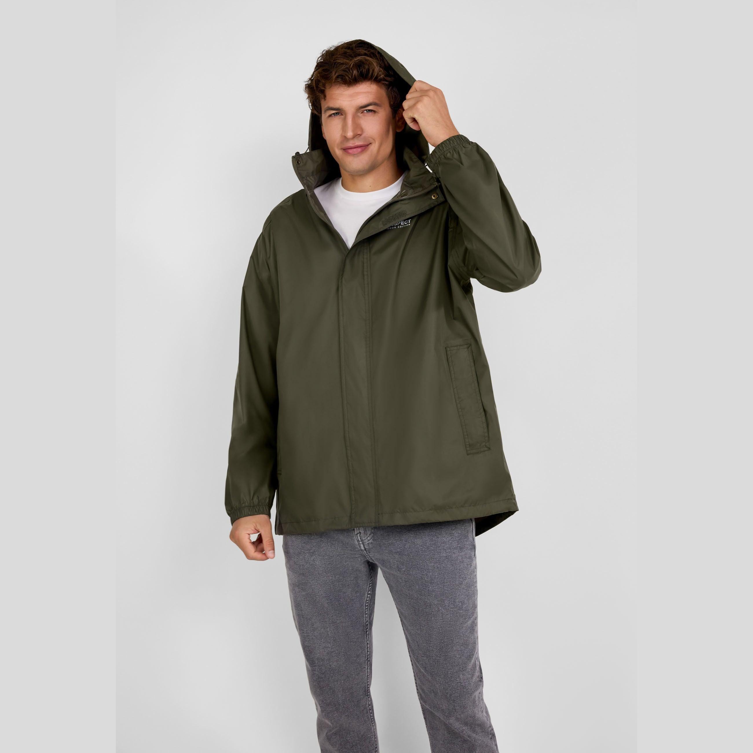 Close-up detail of khaki jacket side showing zip pocket with branded zipper pull and seam construction against white background