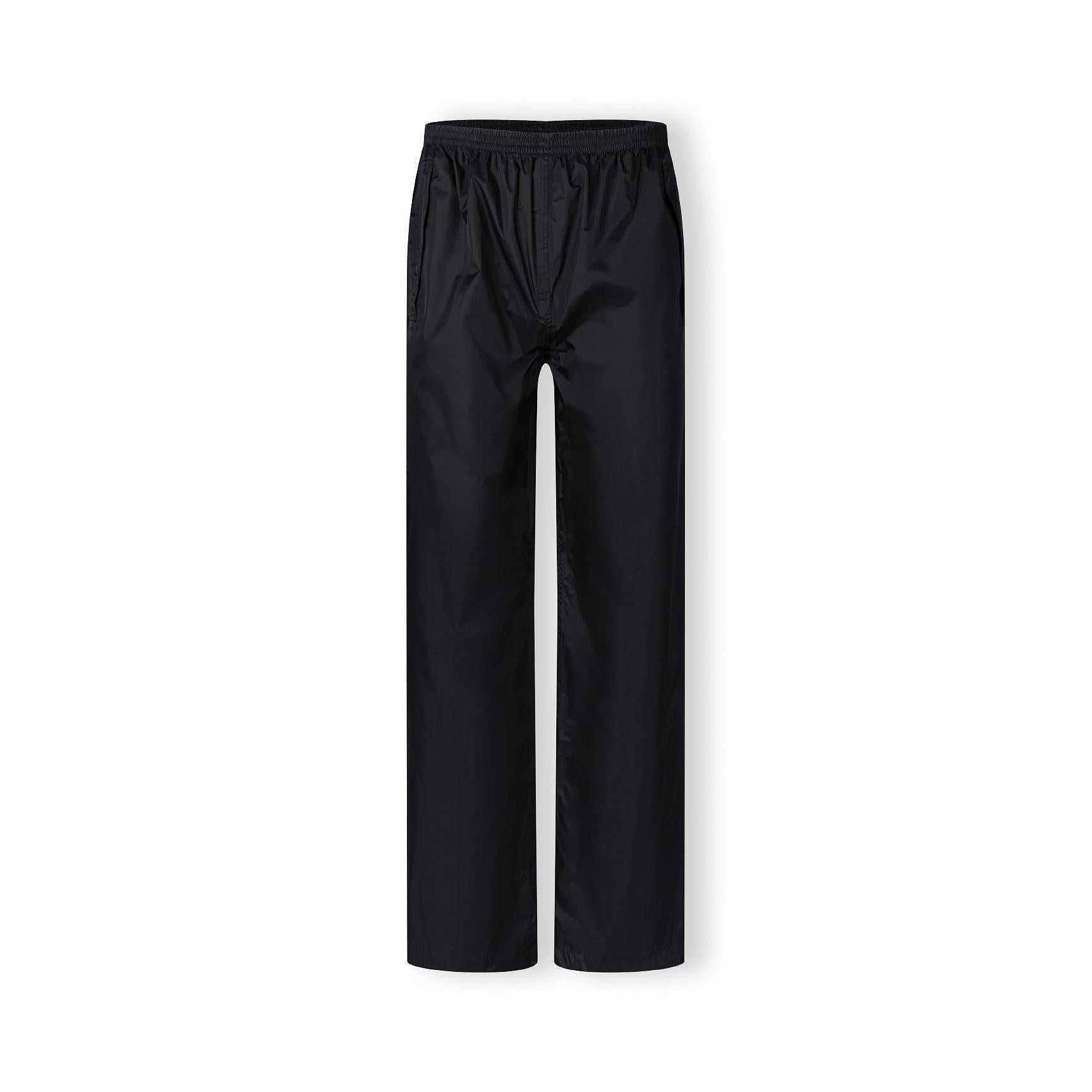 Close-up detail of black waterproof overpants showing side pocket with button closure and adjustable hem with snap fastener