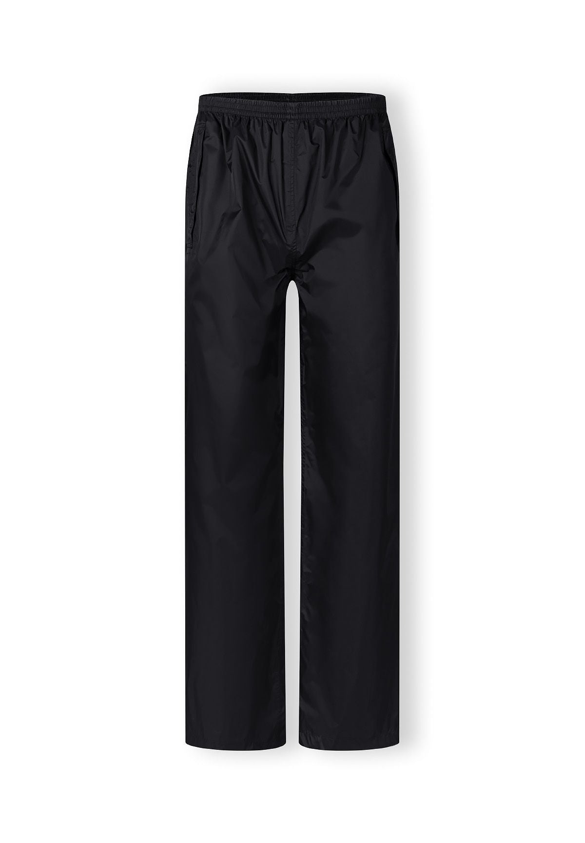 Men's black waterproof overpants, front view, featuring elasticated waistband and side openings.