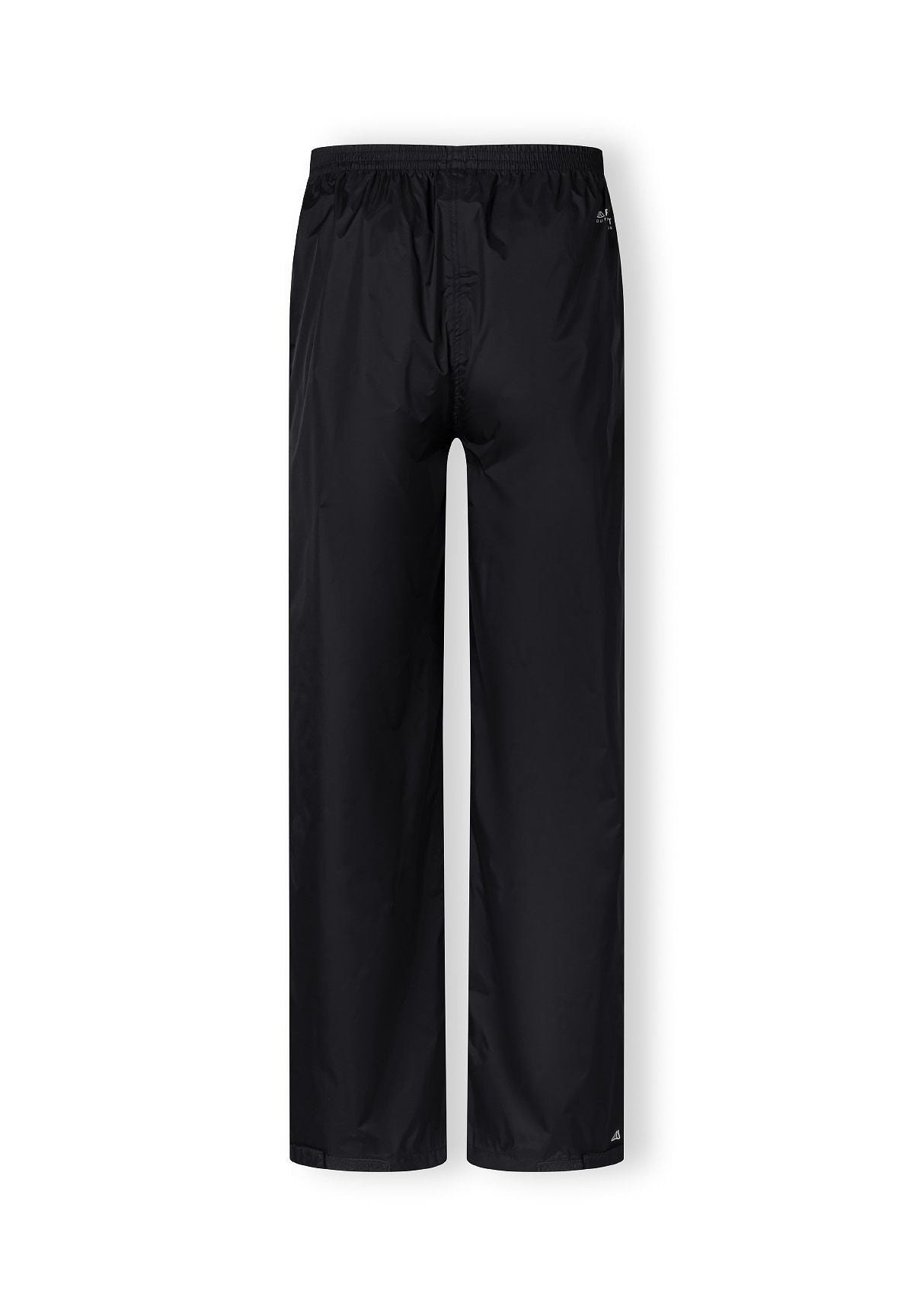 Men's black waterproof overpants, back view with elasticated waistband.