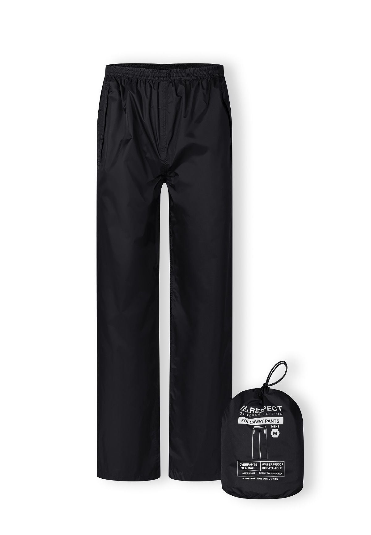 Men's black waterproof overpants, front view, featuring elasticated waistband and side openings.