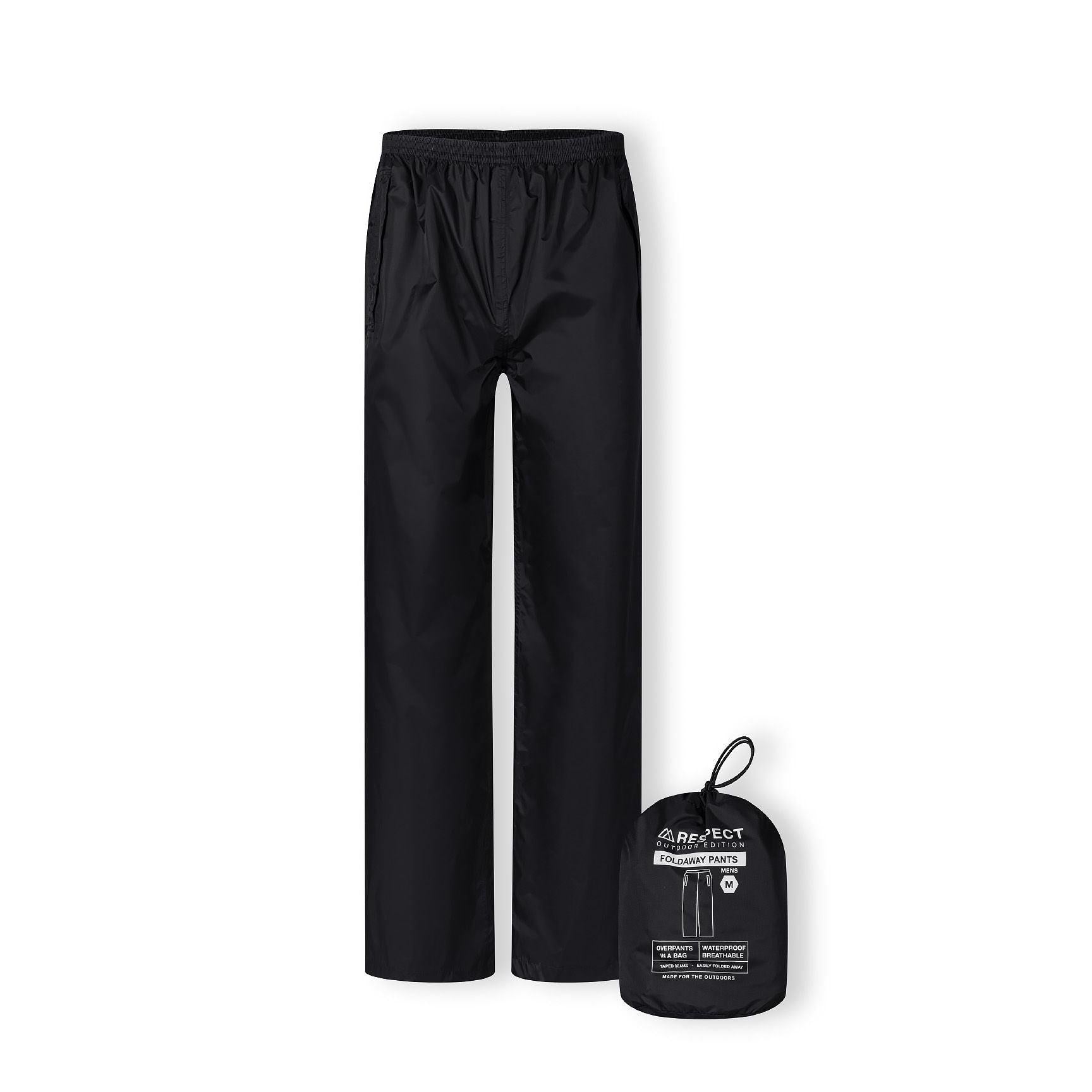Black men's waterproof overpants with elasticated waistband and adjustable leg hems, folded next to their packaway bag.