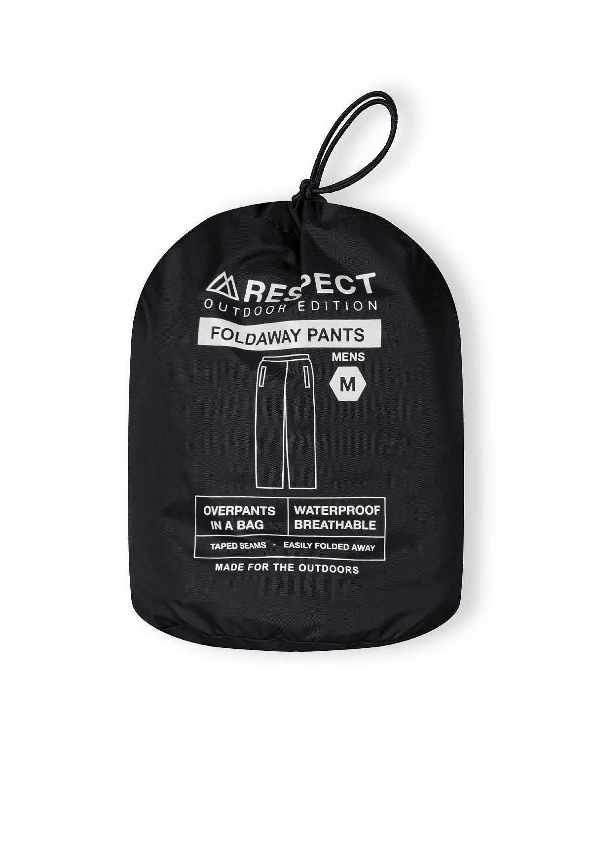 Detail of a black packaway waterproof overpants in a pouch.