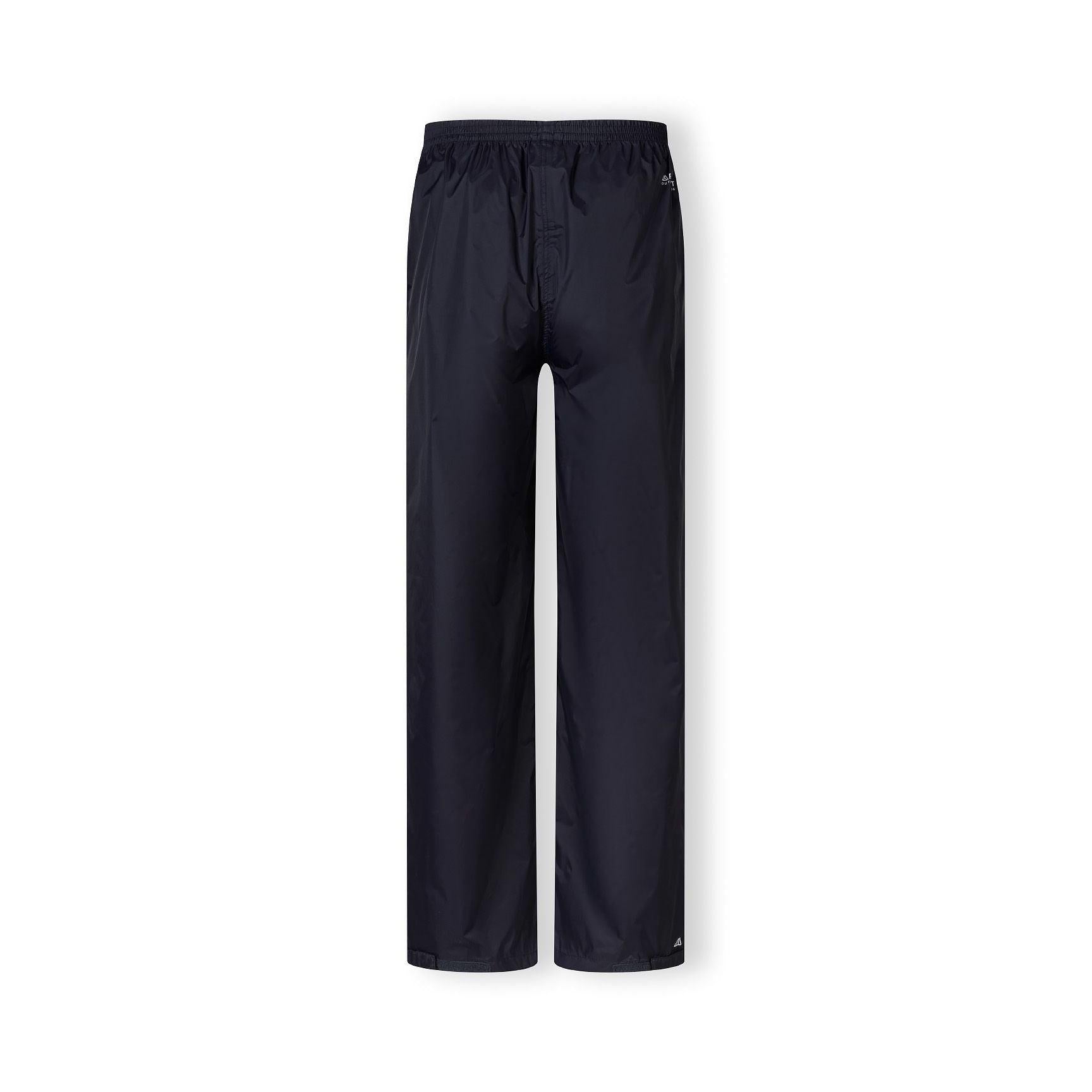 Navy waterproof overpants laid flat showing full length straight leg design with elasticated waistband on white background