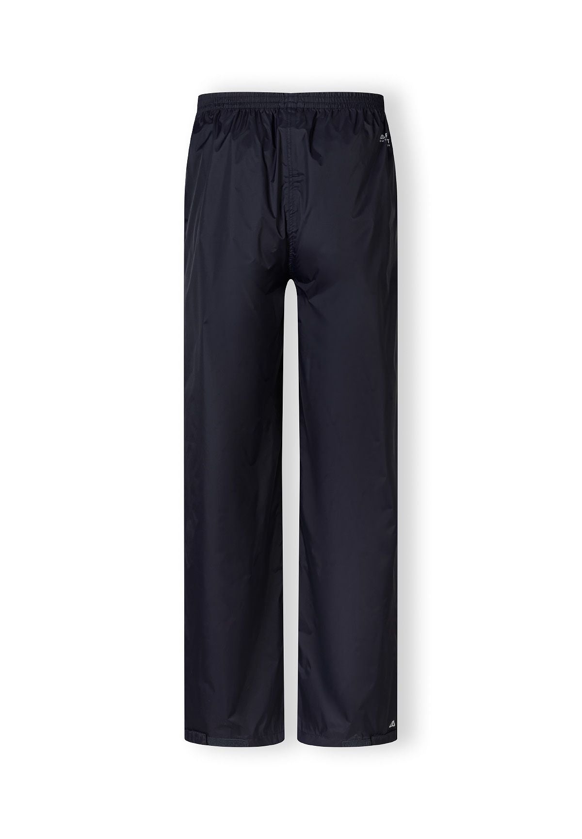 Men's navy waterproof overpants, back view, featuring elastic waistband and adjustable cuffs.