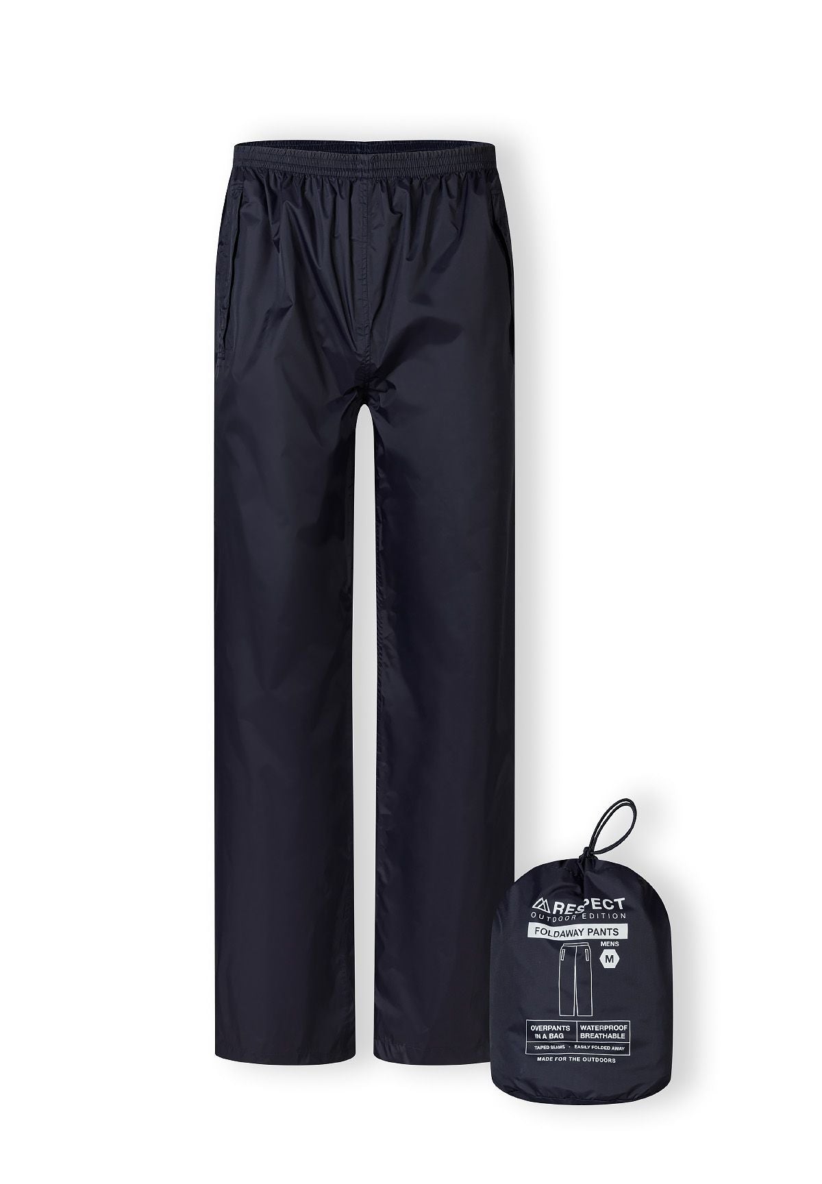 Men's navy waterproof overpants with elastic waistband and side openings.