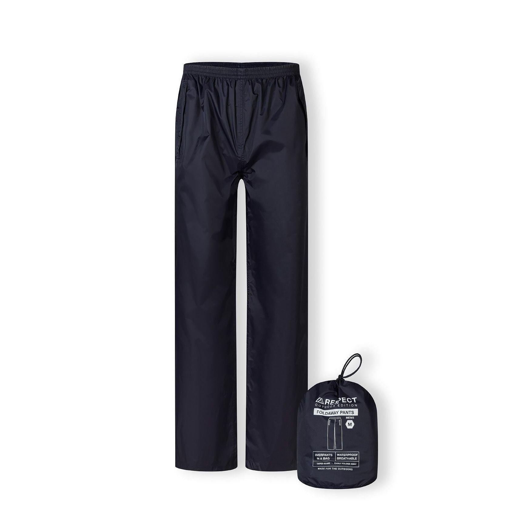 Men's navy packaway waterproof overpants with elastic waistband and storage pouch.