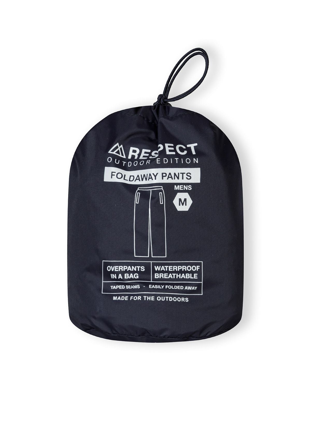 Compact storage pouch for men's waterproof overpants with drawstring closure.