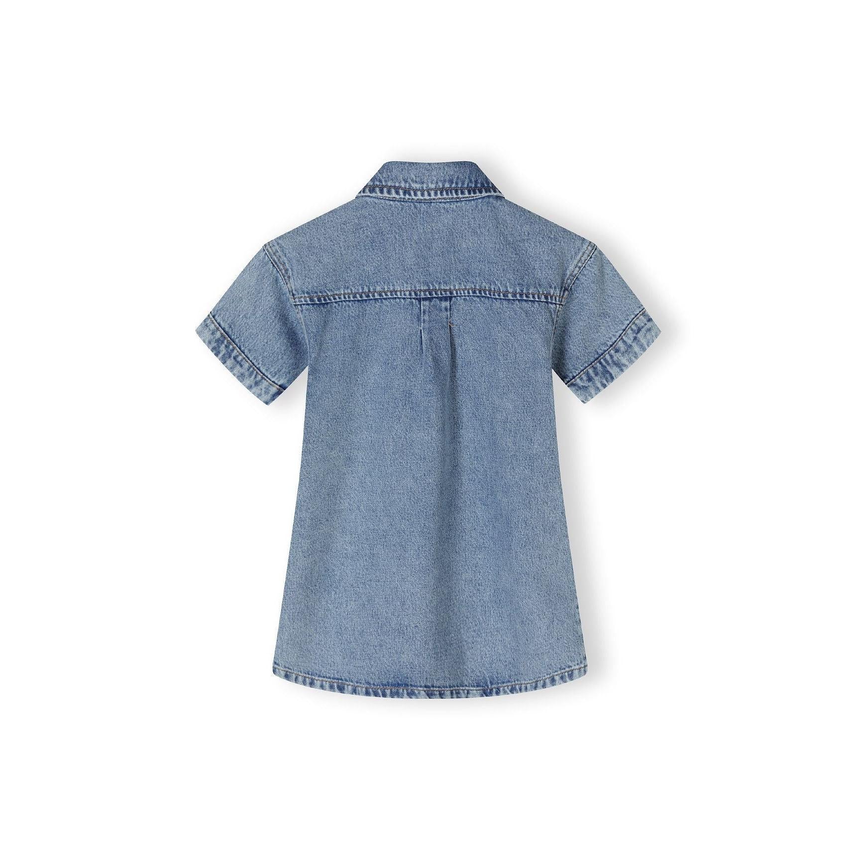 Back view of navy denim shirt dress showing collar detail, short sleeves and straight cut silhouette on white background