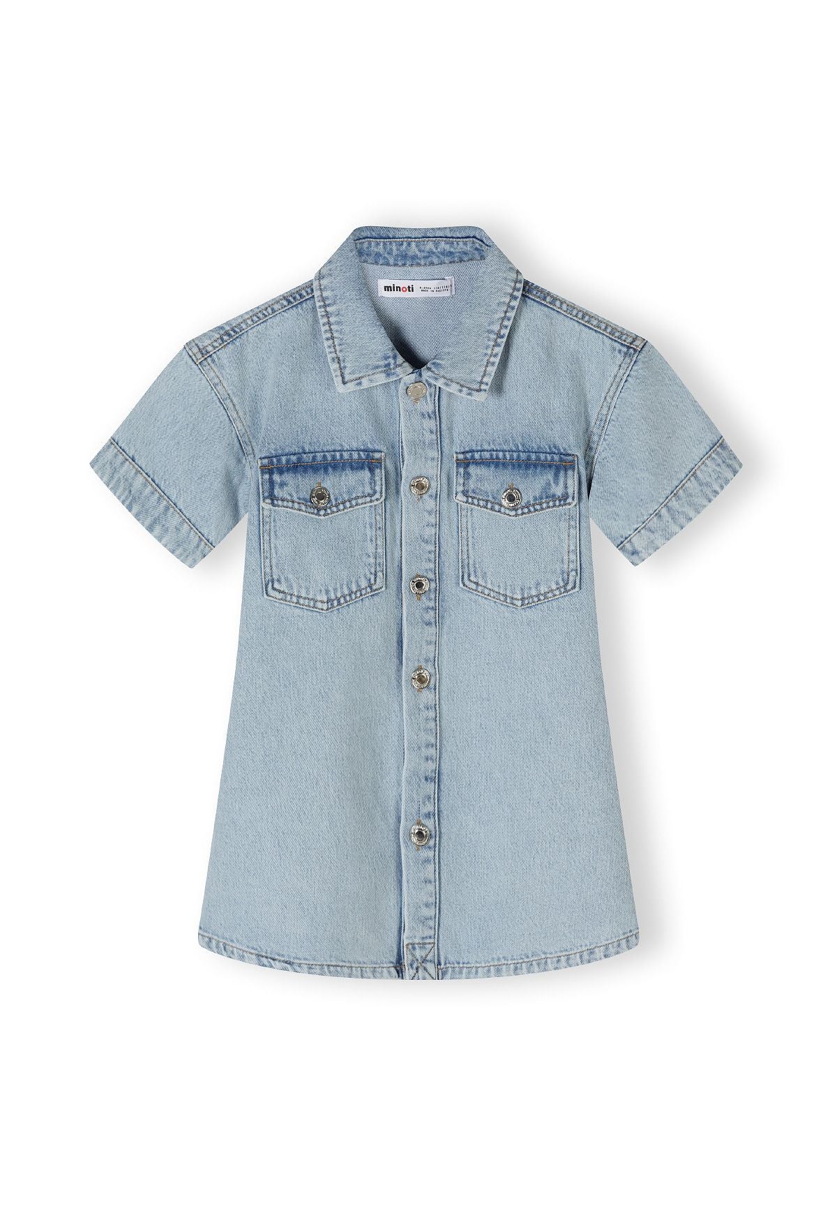 Light blue denim shirt dress, front.