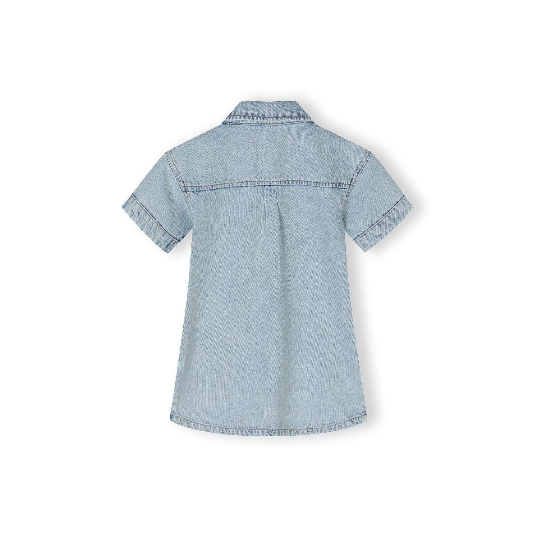 Back view of light blue denim dress showing short sleeves and straight cut silhouette on white background