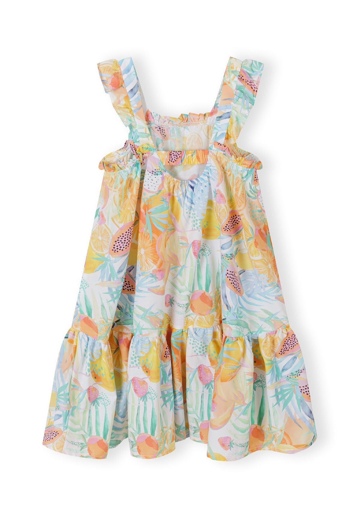 White, orange and green tropical print sundress, back.