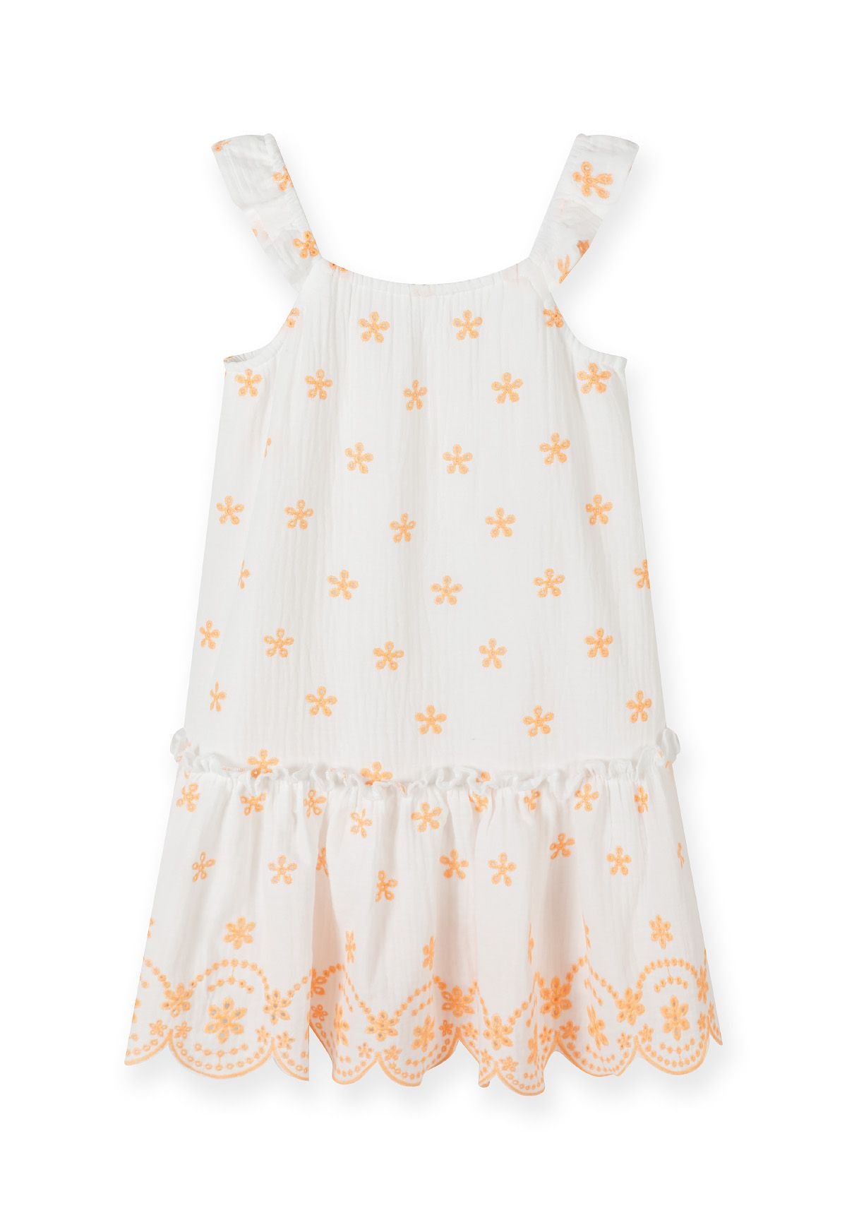 Girls dress with embroidered shoulder straps, white, front view, featuring floral embroidery and frilled straps.