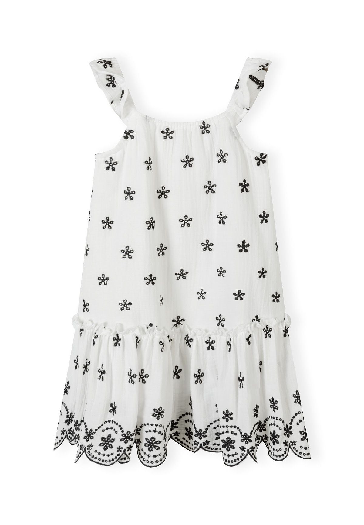 White and black embroidered sundress, front.