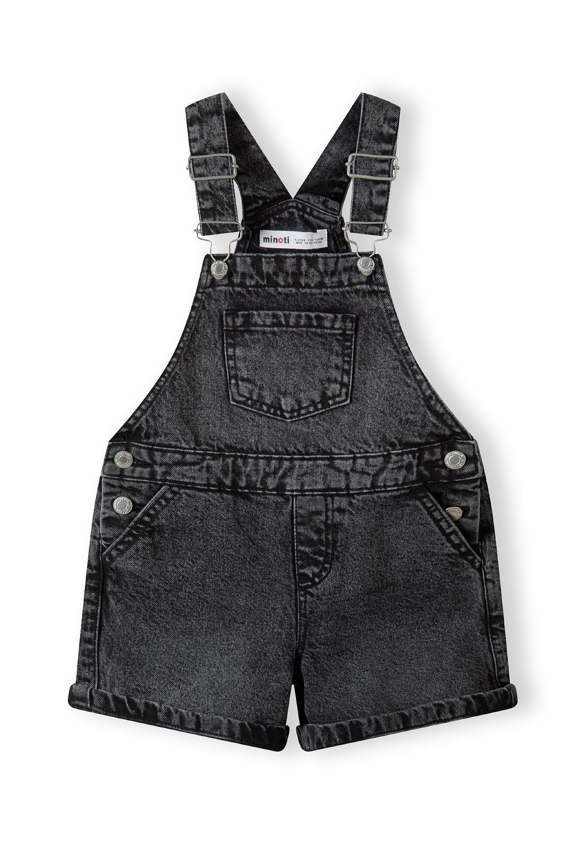 Girls black short jeans dungarees with adjustable braces and front pockets.