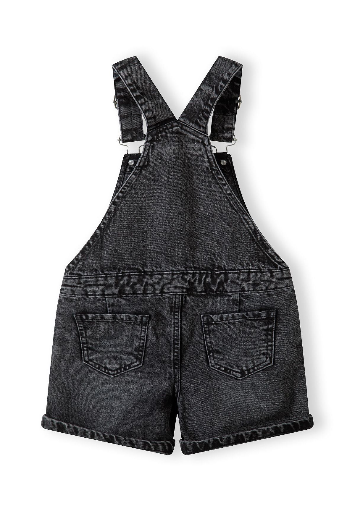 Back view of black short jeans dungarees with adjustable braces and two back pockets.