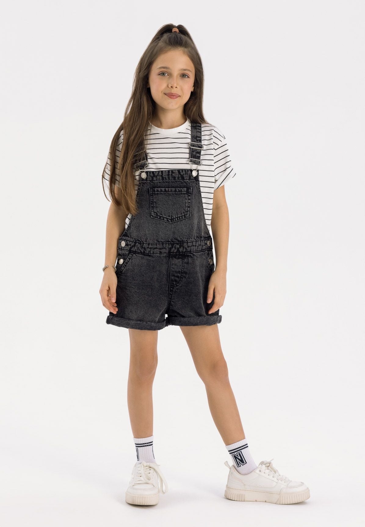 Washed black denim short dungarees, model front.