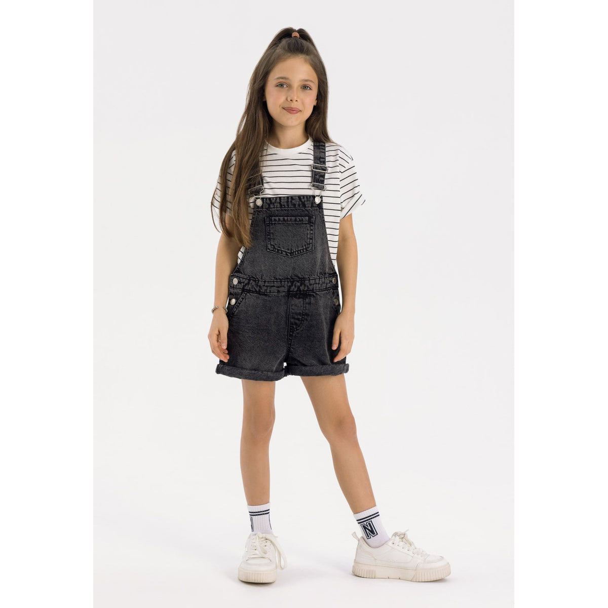 Girls' denim short dungarees in washed black — complete product view for square Shop card