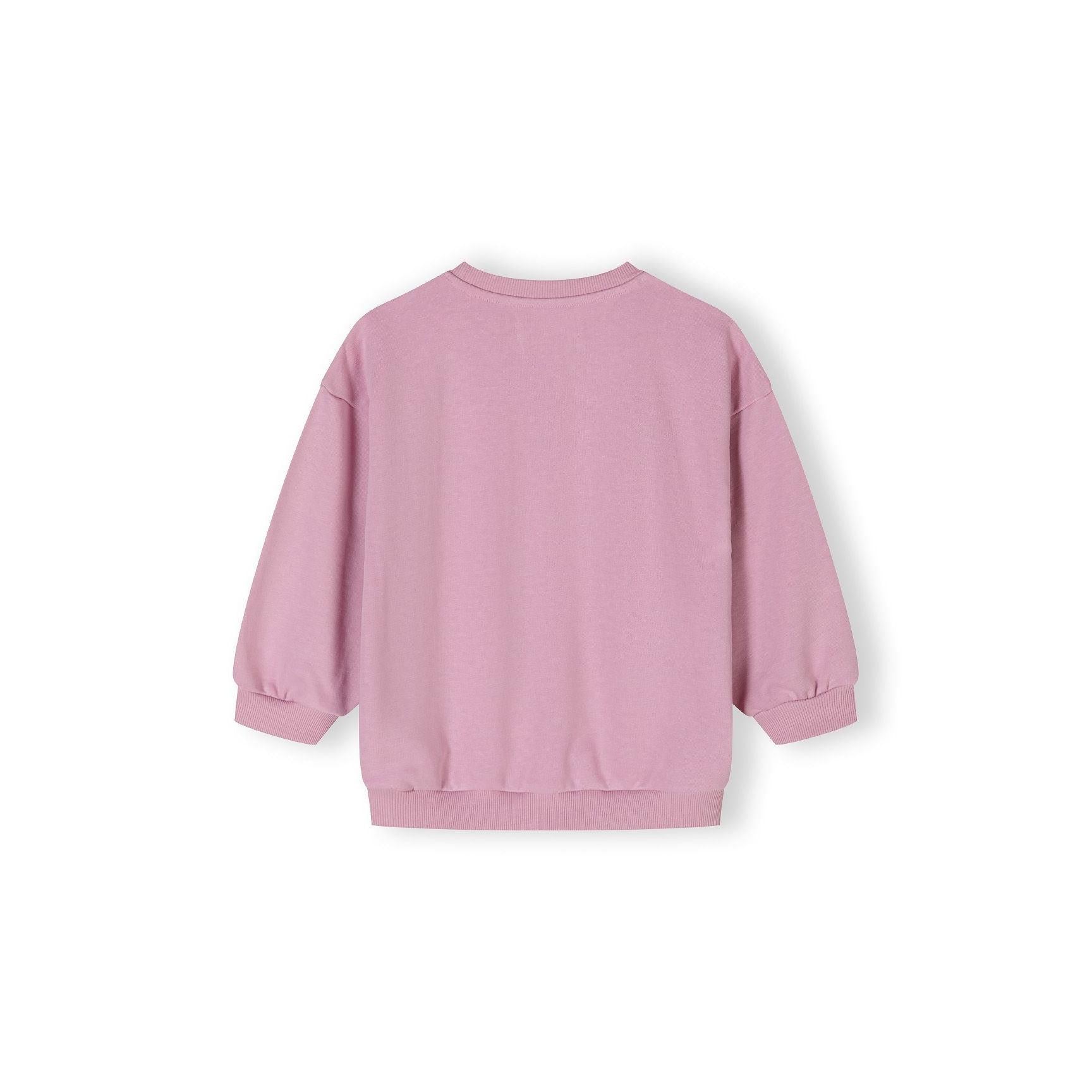 Back view of lilac fleece sweatshirt showing plain design with ribbed crew neck and cuffs on white background