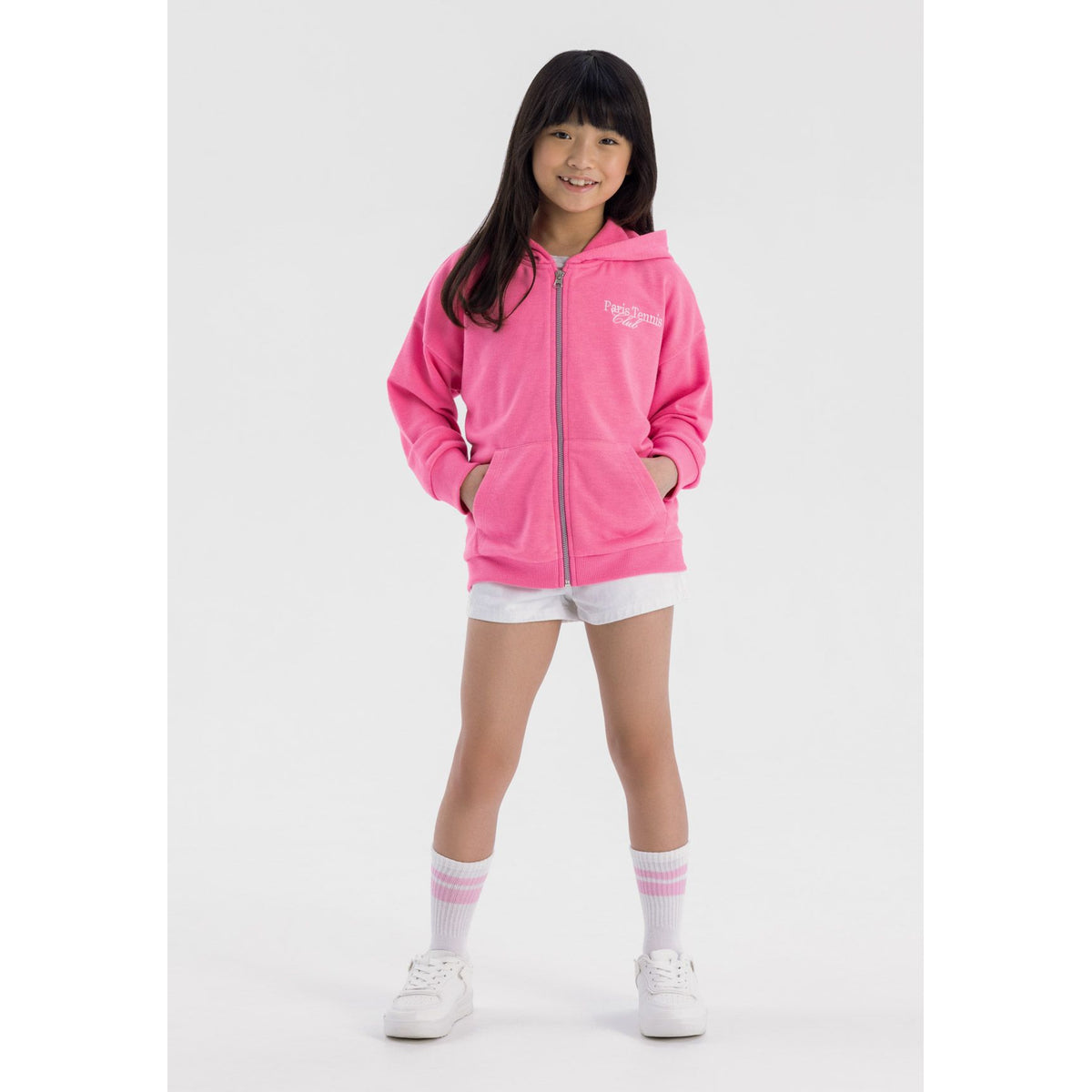Girls' zip-up hoodie in pink — complete product view for square Shop card