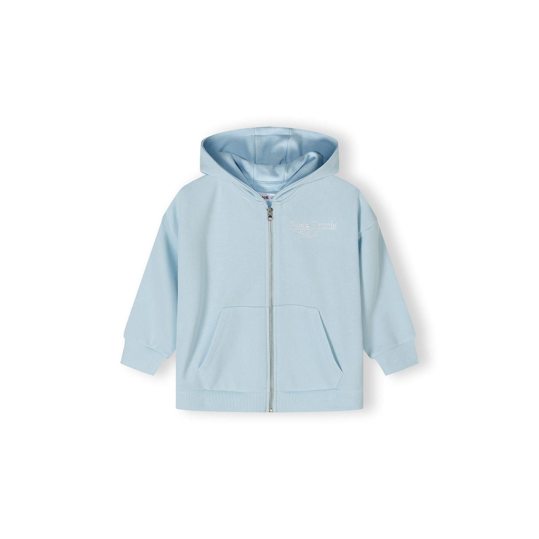 Back view of light blue zip hoodie laid flat showing hood and relaxed oversized fit on white background