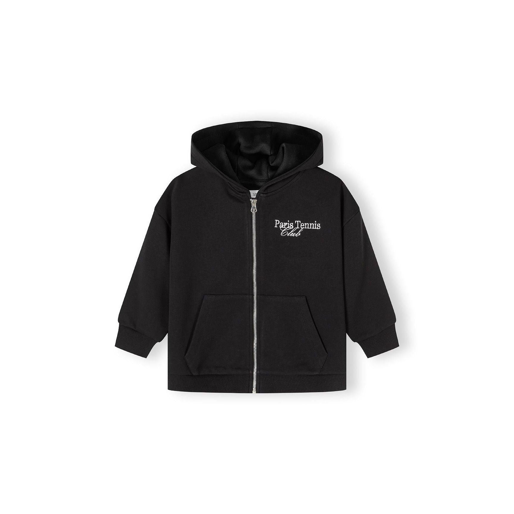 Back view of black zip hoodie laid flat showing hood and ribbed cuffs on white background