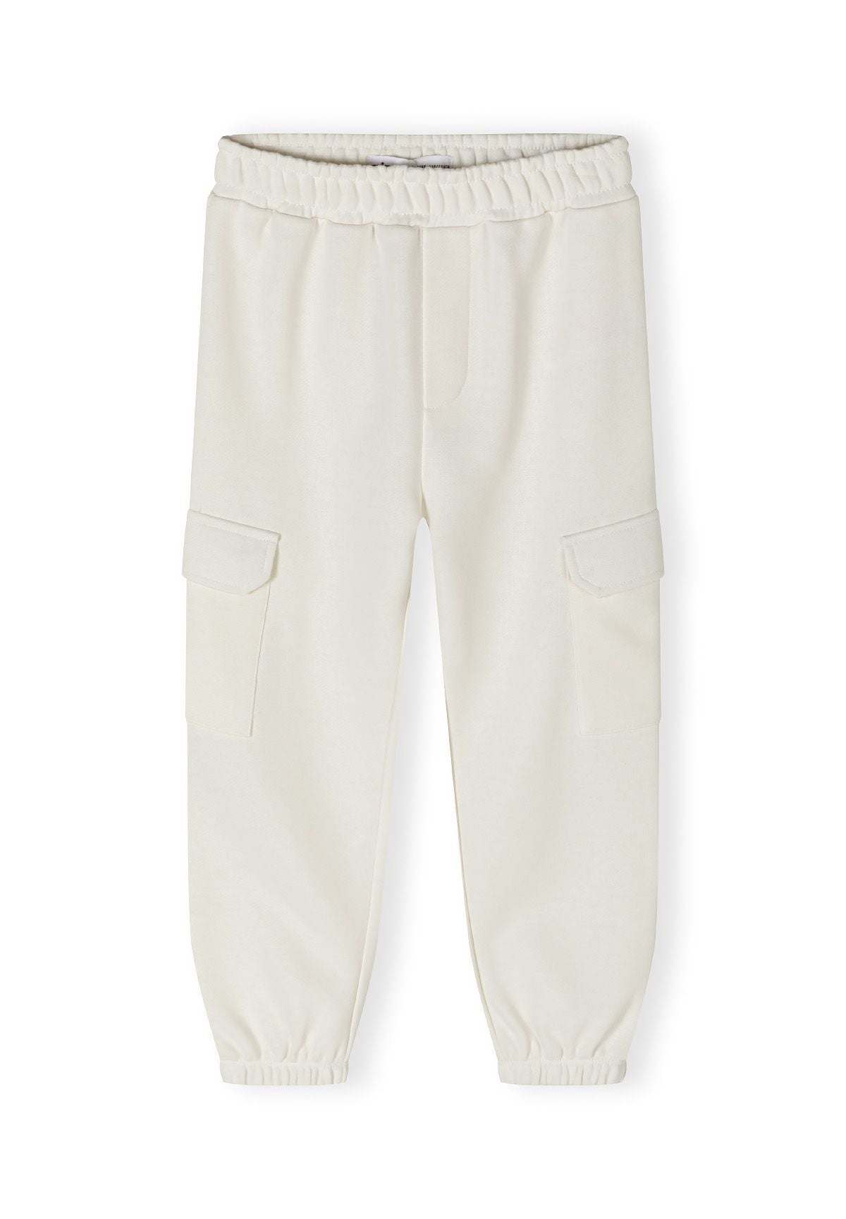 Girls white fleece cargo joggers, front view with elasticated waistband and side pockets.