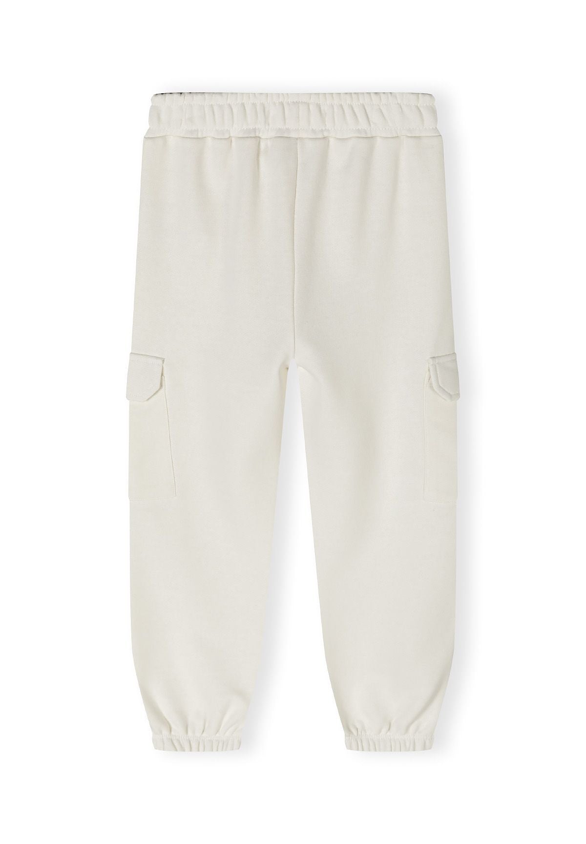 Girls fleece cargo joggers in white, front view with elasticated waistband and side pockets.