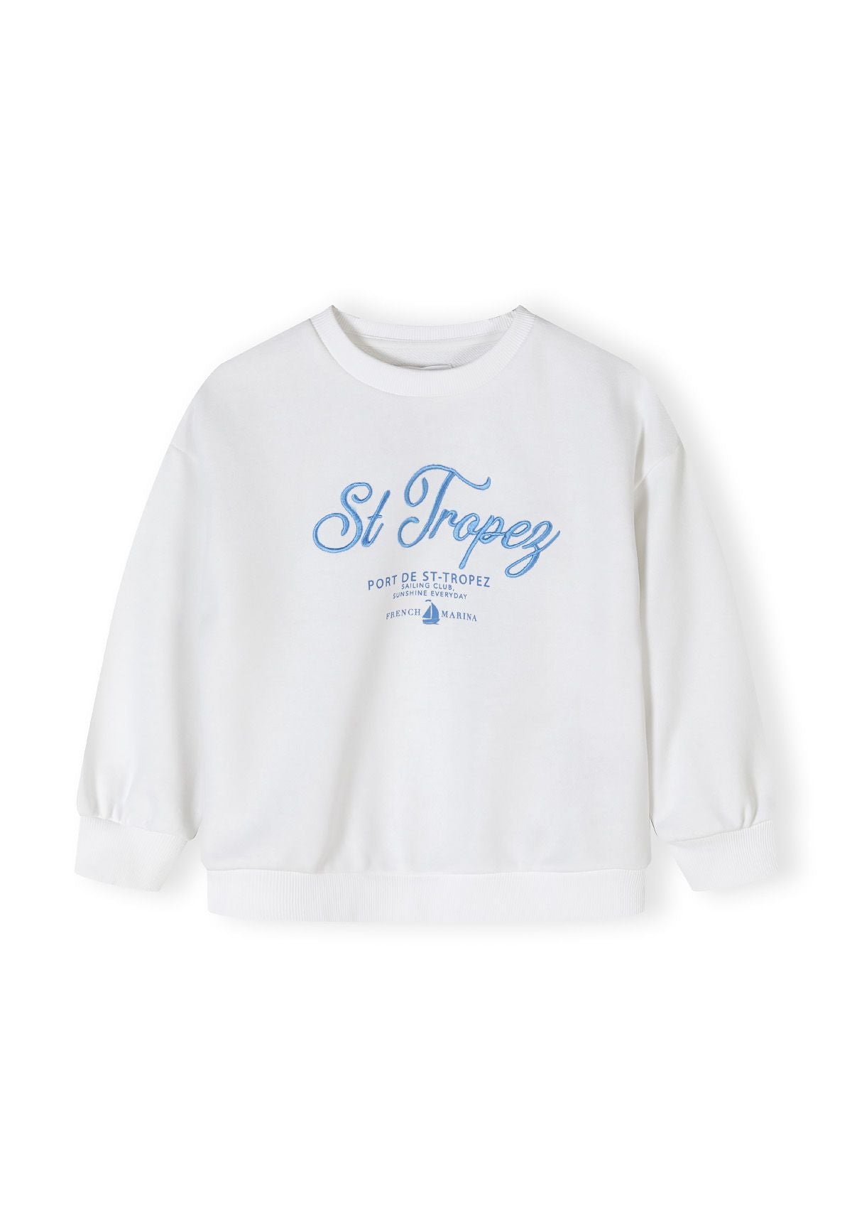 White crew neck sweatshirt, front.