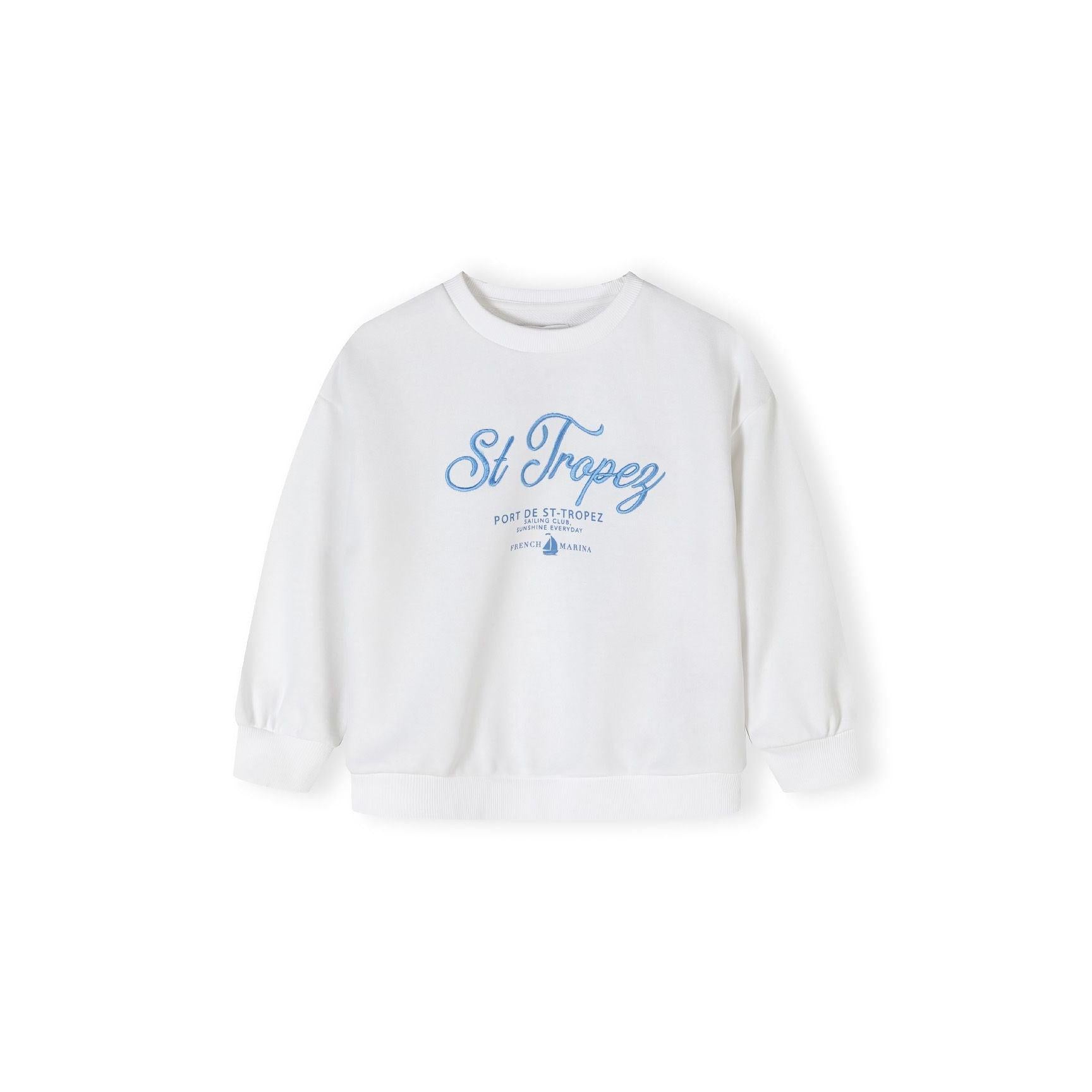 Back view of white fleece sweatshirt showing plain design without prints on white background
