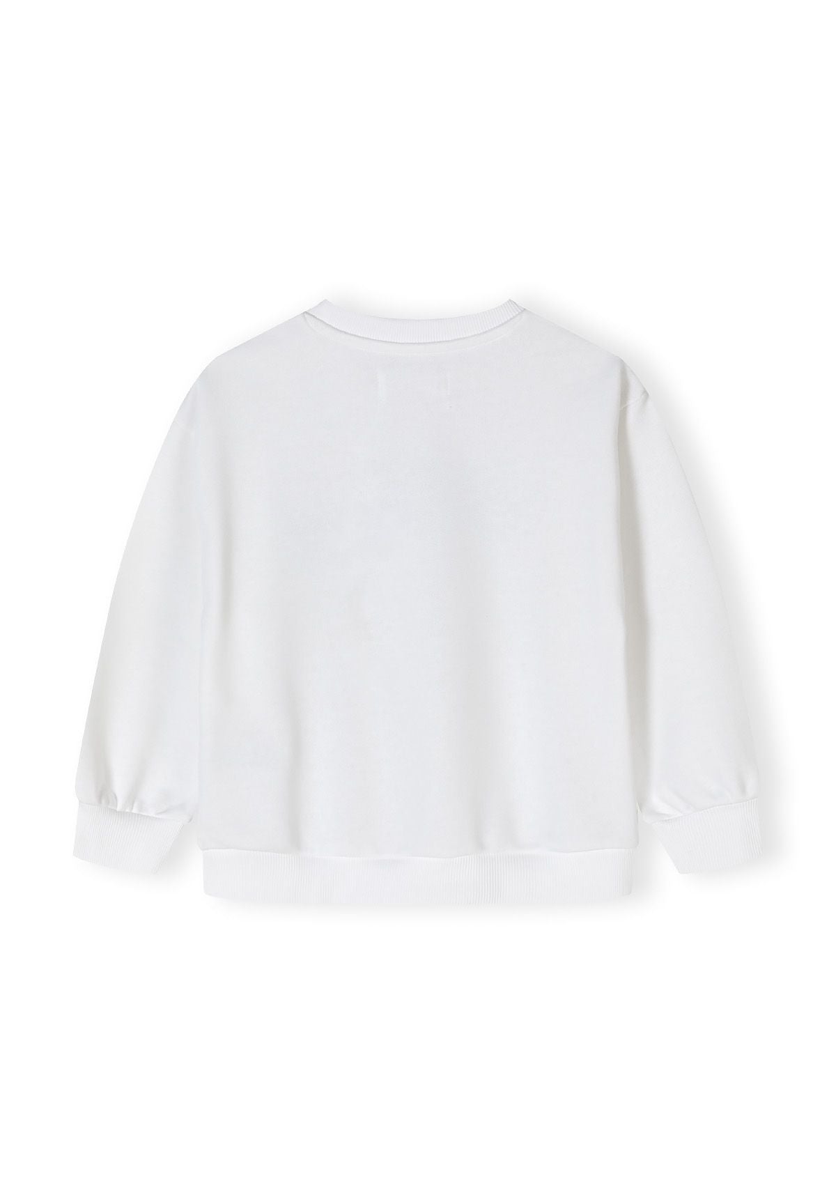 Back view of a girls white fleece crew neck sweatshirt with ribbed cuffs and hem.