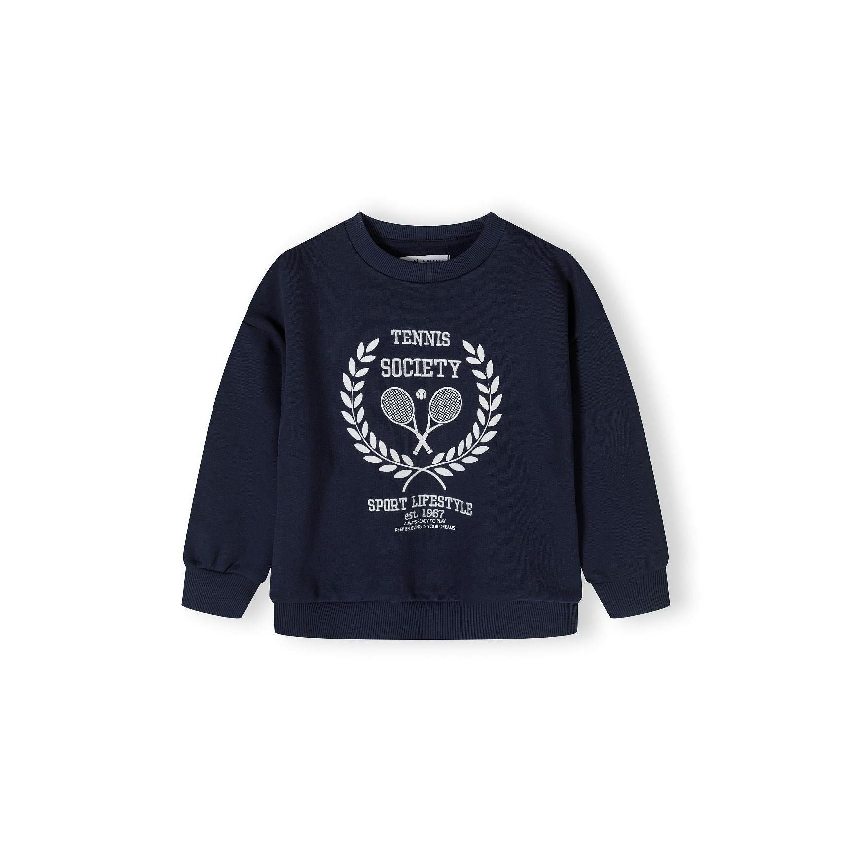 Back view of navy fleece sweatshirt showing plain design with crew neck and ribbed cuffs on white background