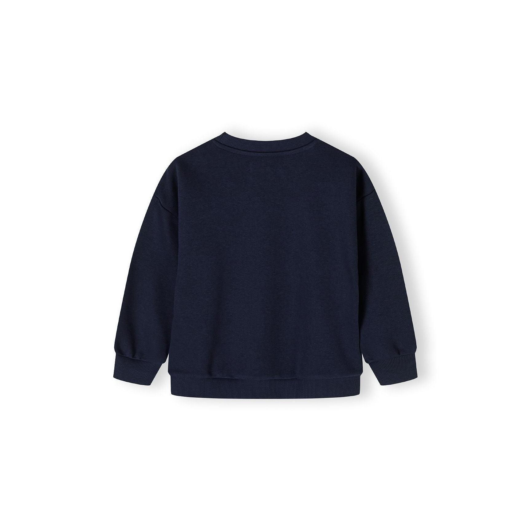 Back view of navy fleece sweatshirt showing plain design with crew neck and ribbed cuffs on white background