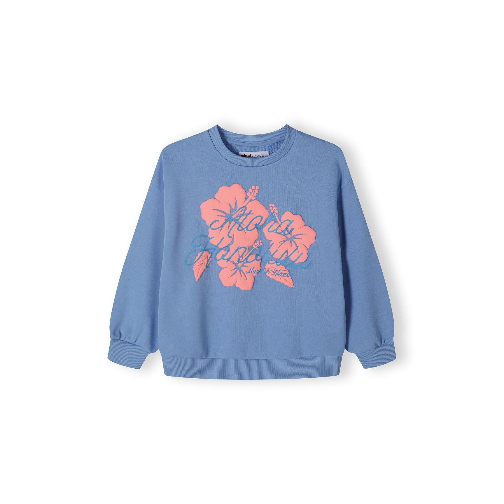 Back view of blue fleece sweatshirt showing plain design with ribbed crew neck collar and cuffs on white background