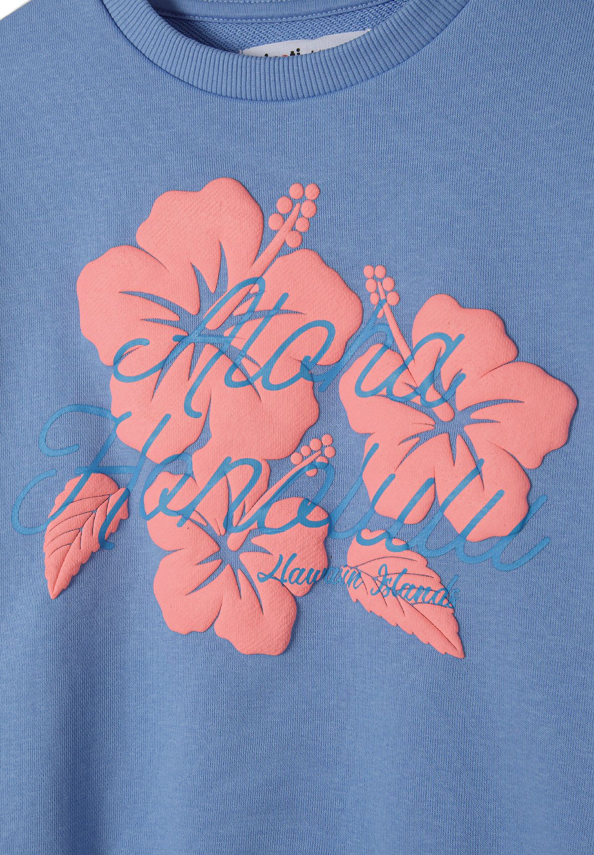 Detail of blue girls fleece sweatshirt with pink floral print and text.