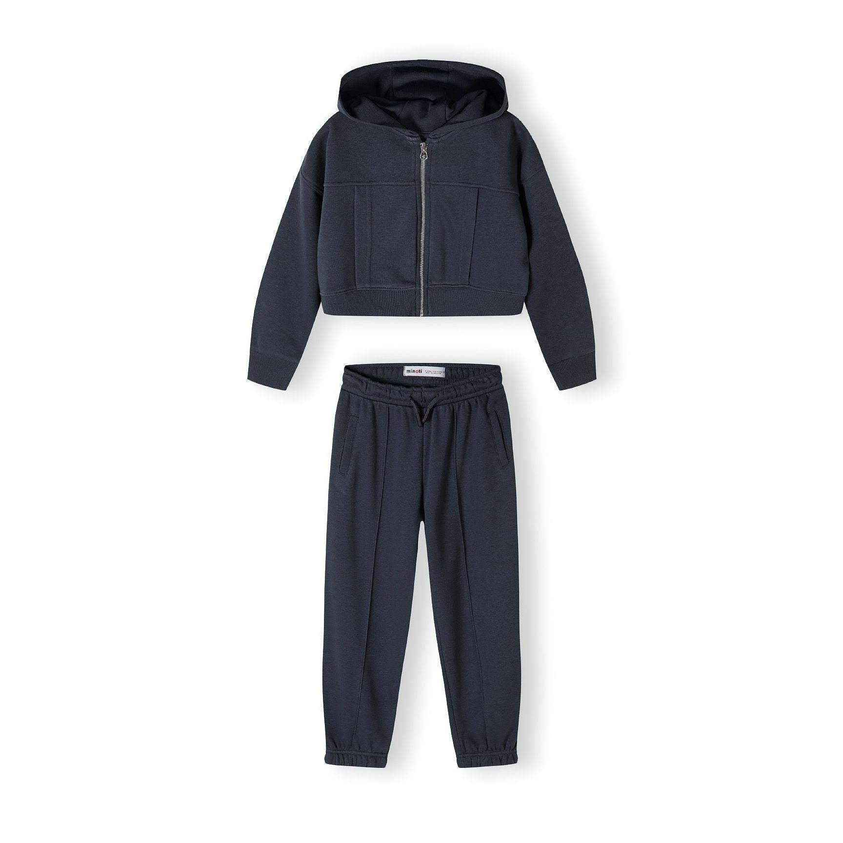 Back view of navy cropped hoodie showing hood detail on white background