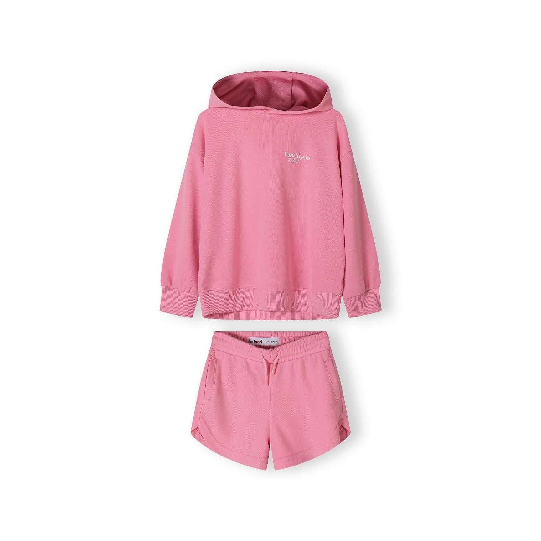 Back view of pink hoodie laid flat showing hood detail and ribbed cuffs against white background