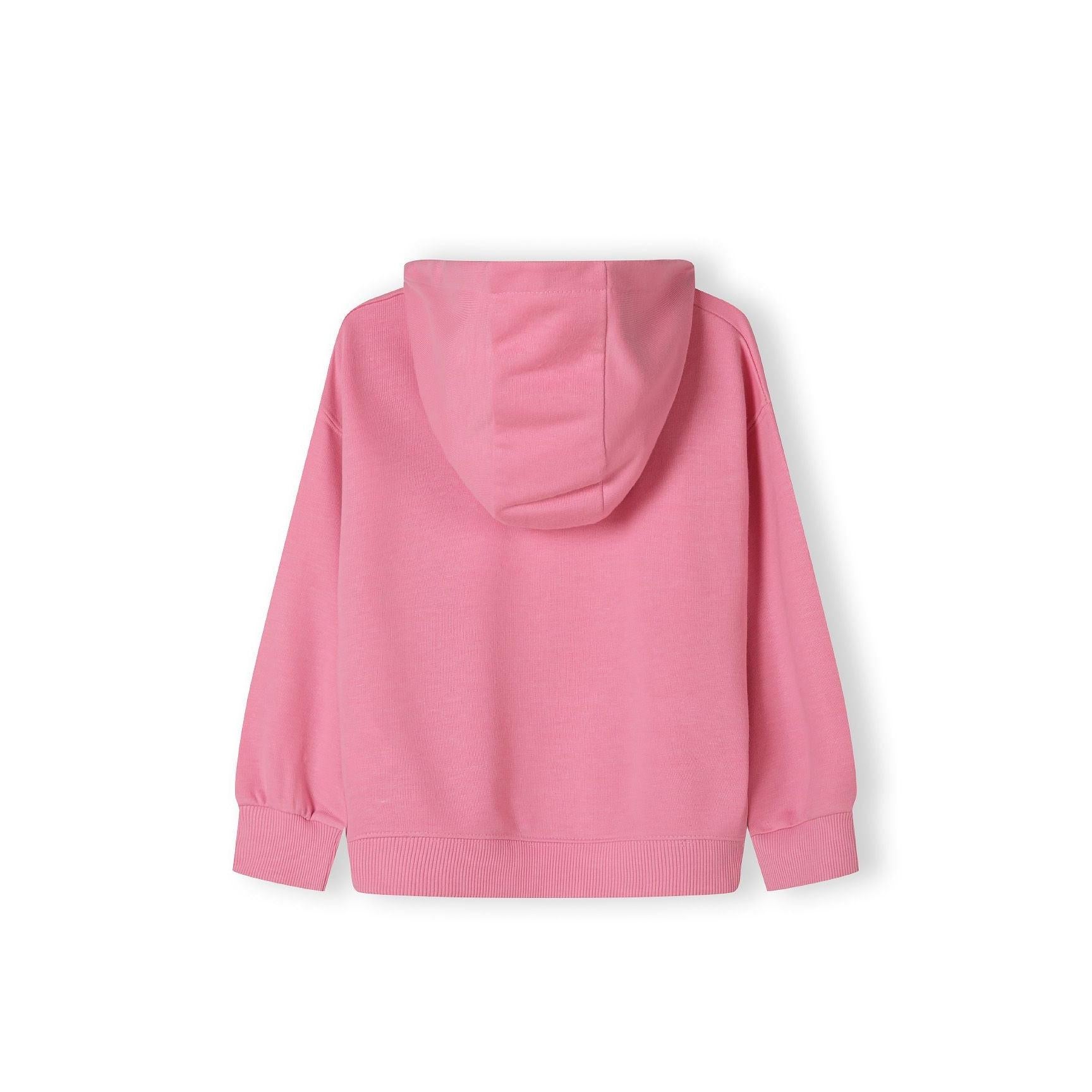 Back view of pink hoodie laid flat showing hood detail and ribbed cuffs against white background