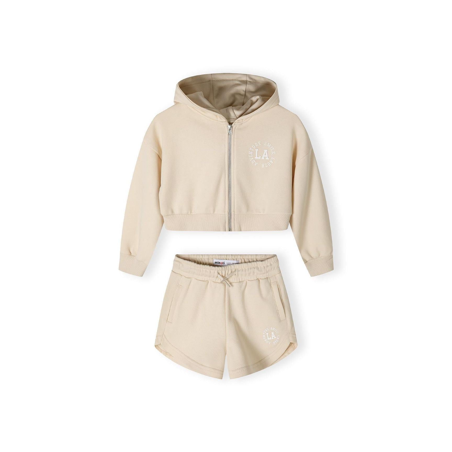 Back view of beige zip hoodie showing hood detail and cropped length against white background