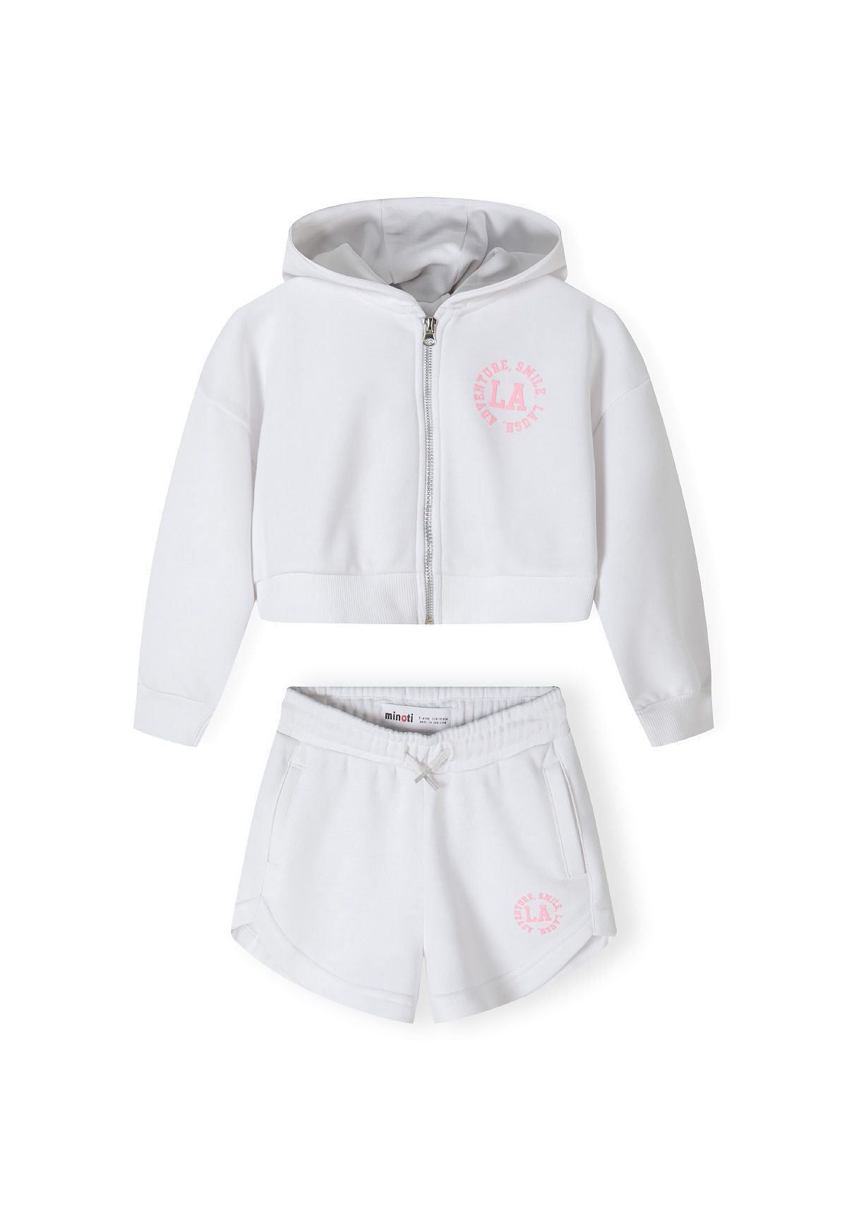 Girls zip-through hoodie and shorts set in white, featuring a printed design on the hoodie.