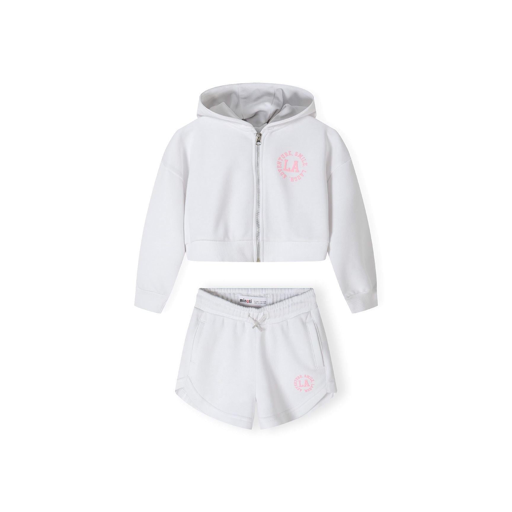 Back view of white cropped zip hoodie showing hood detail and overall silhouette on white background