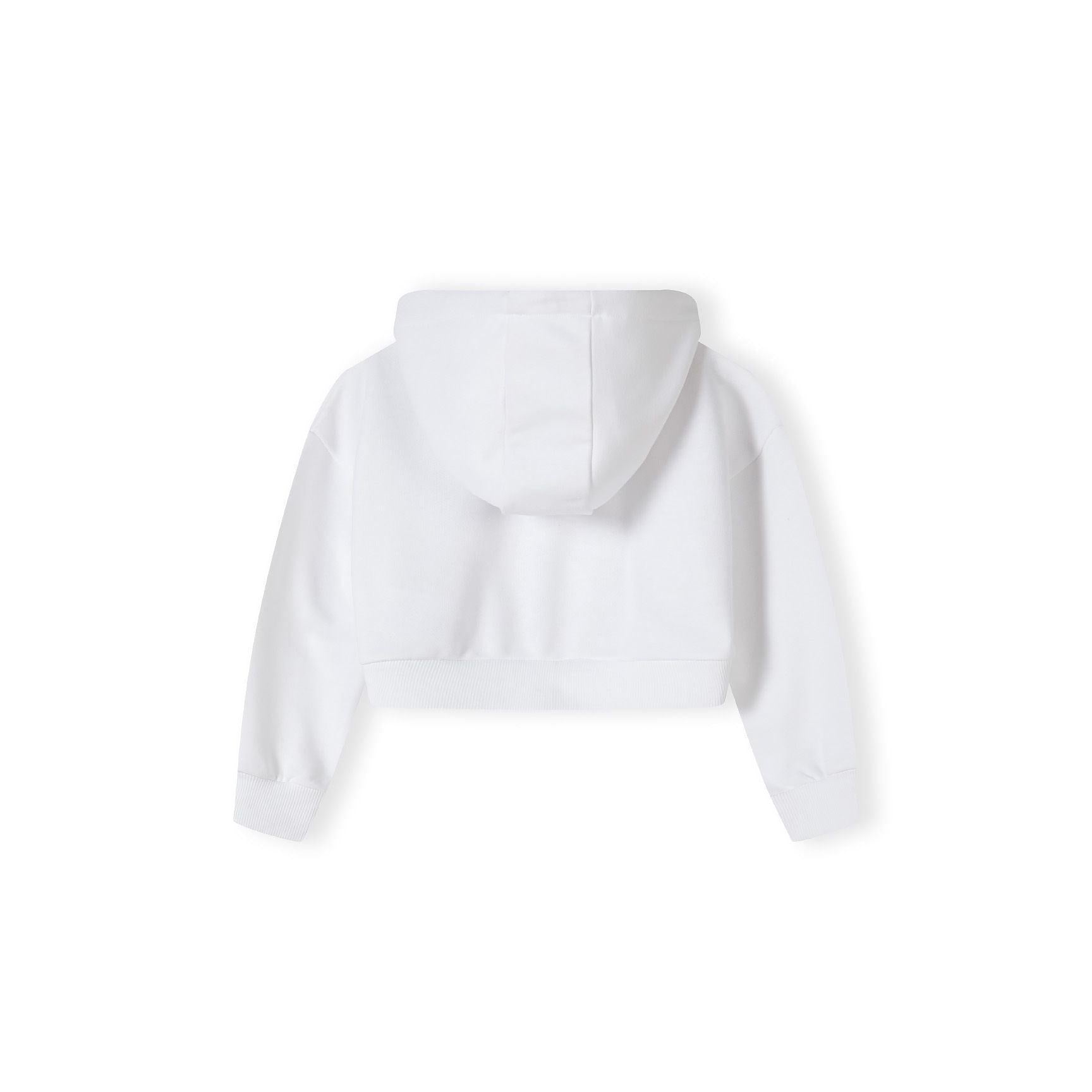 Back view of white cropped zip hoodie showing hood detail and overall silhouette on white background