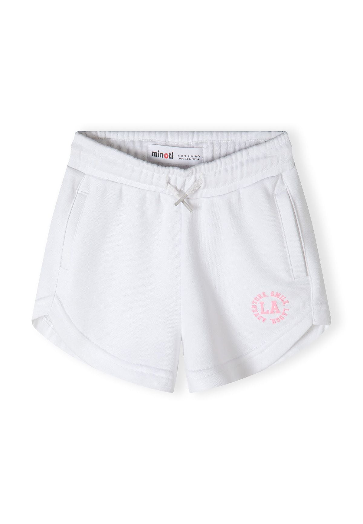 Detail of white shorts with side pockets and pink printed design.