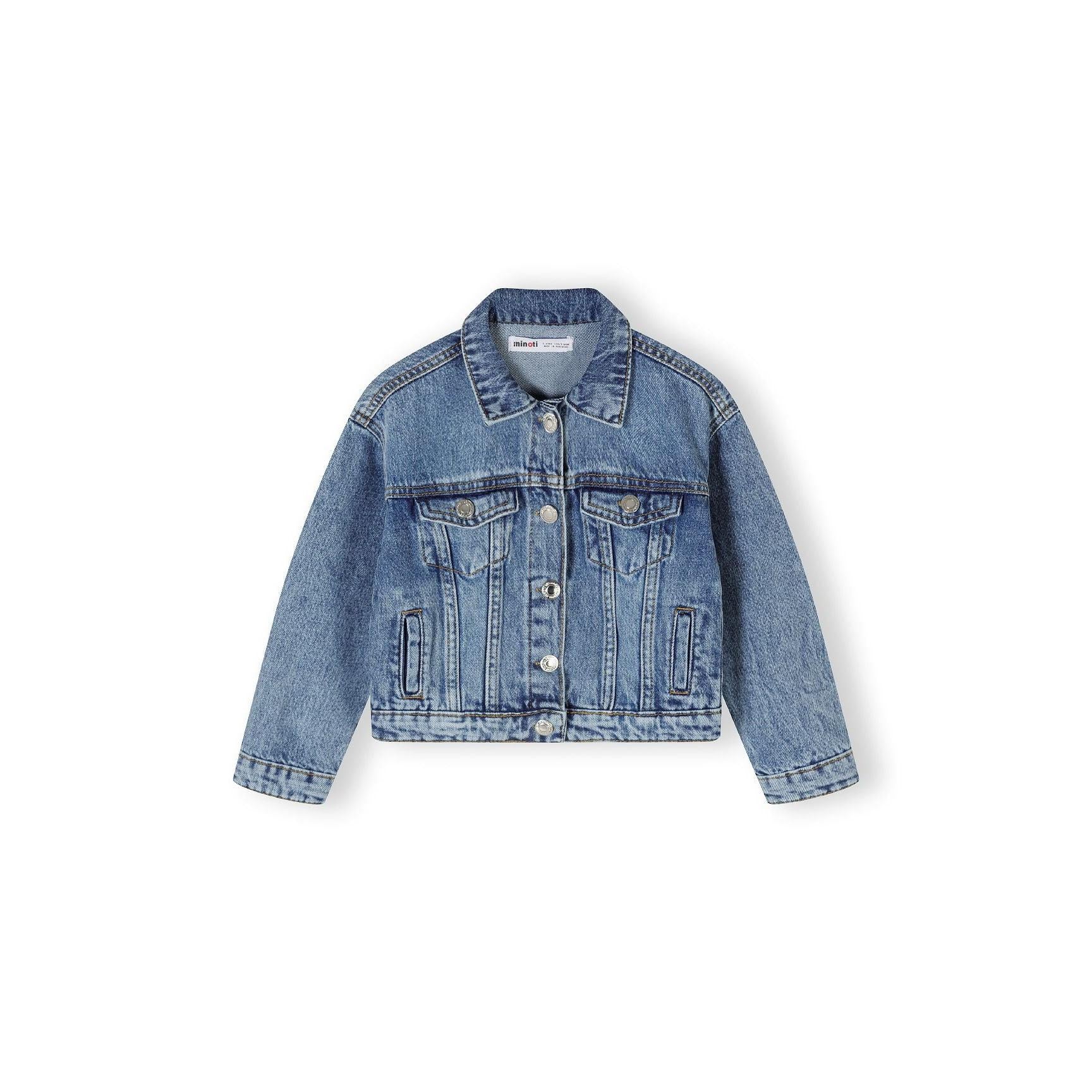 Back view of navy denim jacket showing oversized fit, seam details and classic denim construction on white background