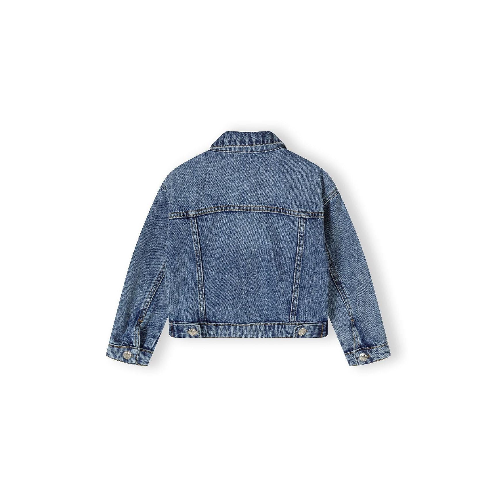 Back view of navy denim jacket showing oversized fit, seam details and classic denim construction on white background