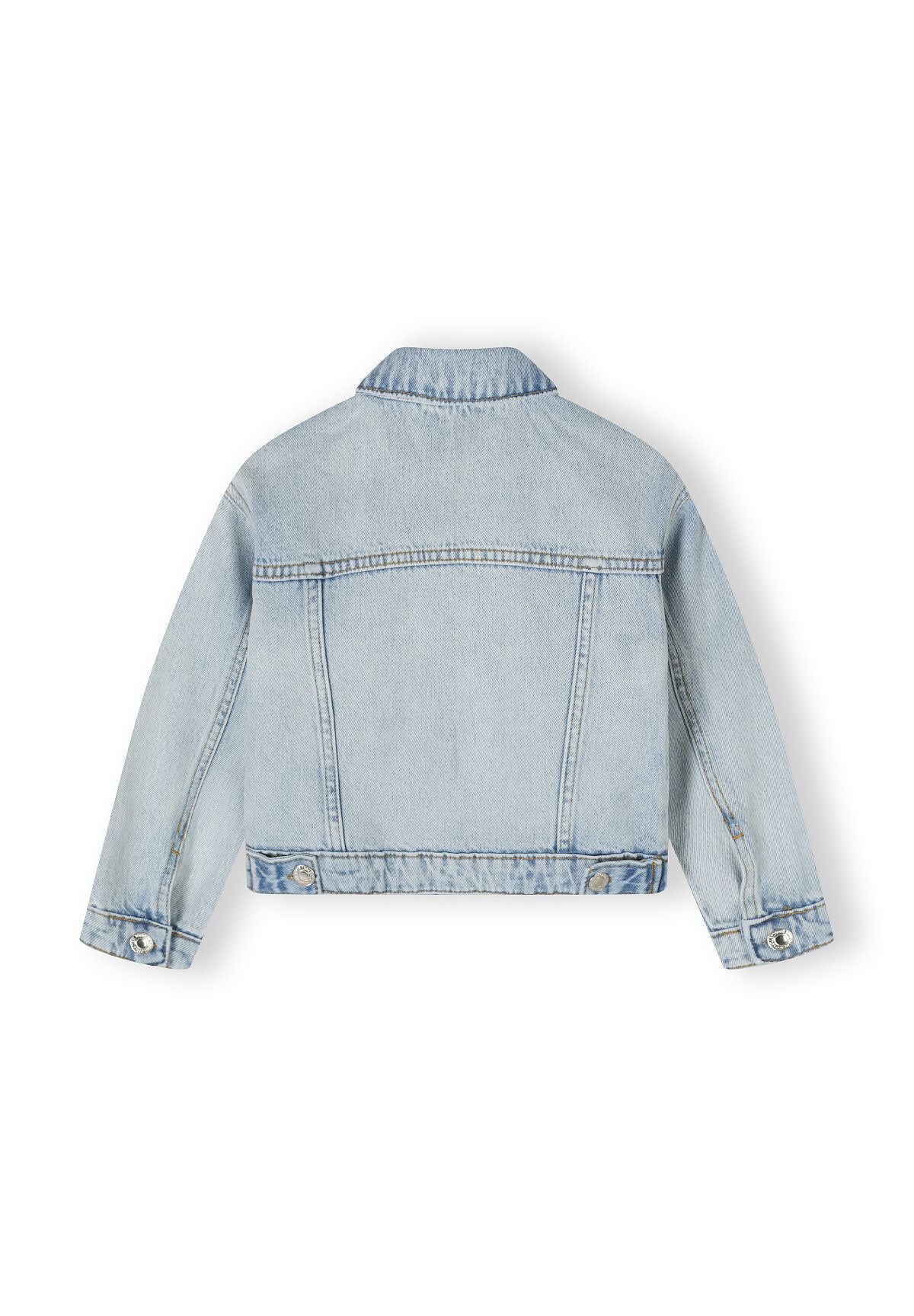 Back of a light blue denim jacket.