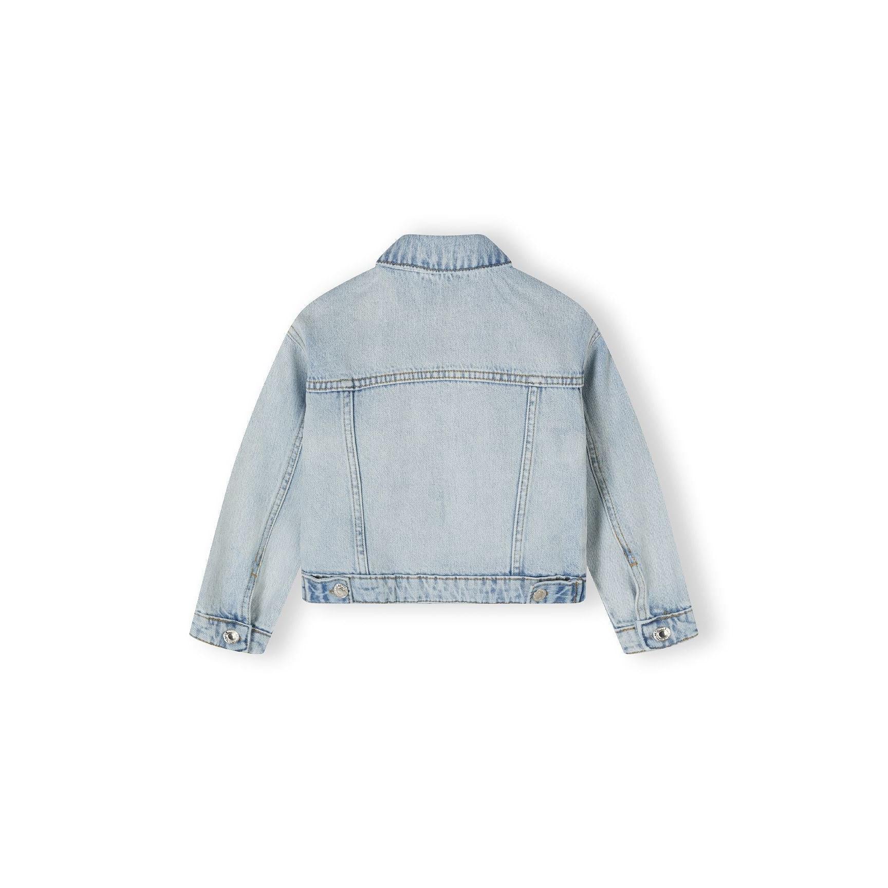Back view of light blue denim jacket showing classic construction with seam details and adjustable hem tabs on white background