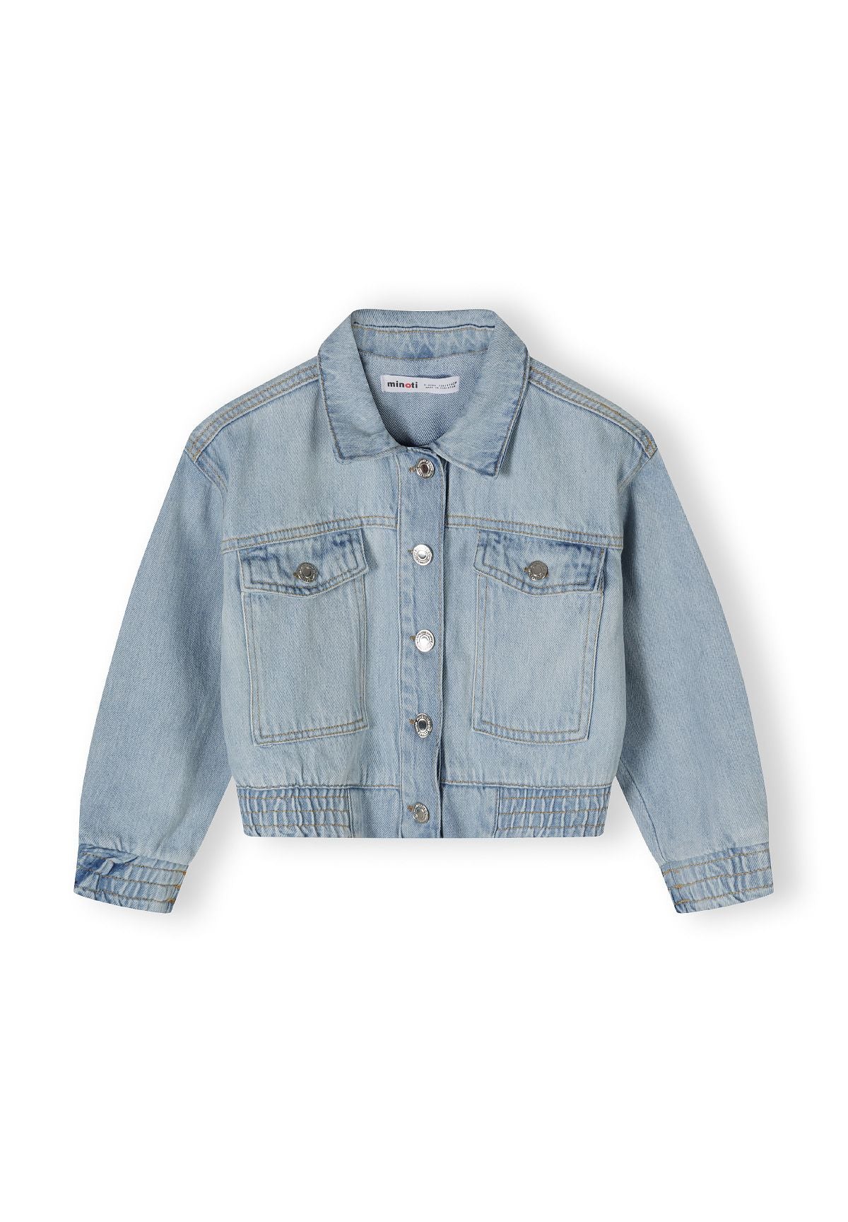 Front of a light blue denim jacket.