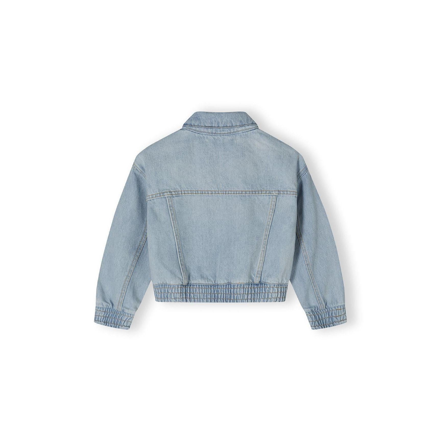 Light blue denim bomber jacket laid flat showing back view with elasticated hem and cuff details against white background