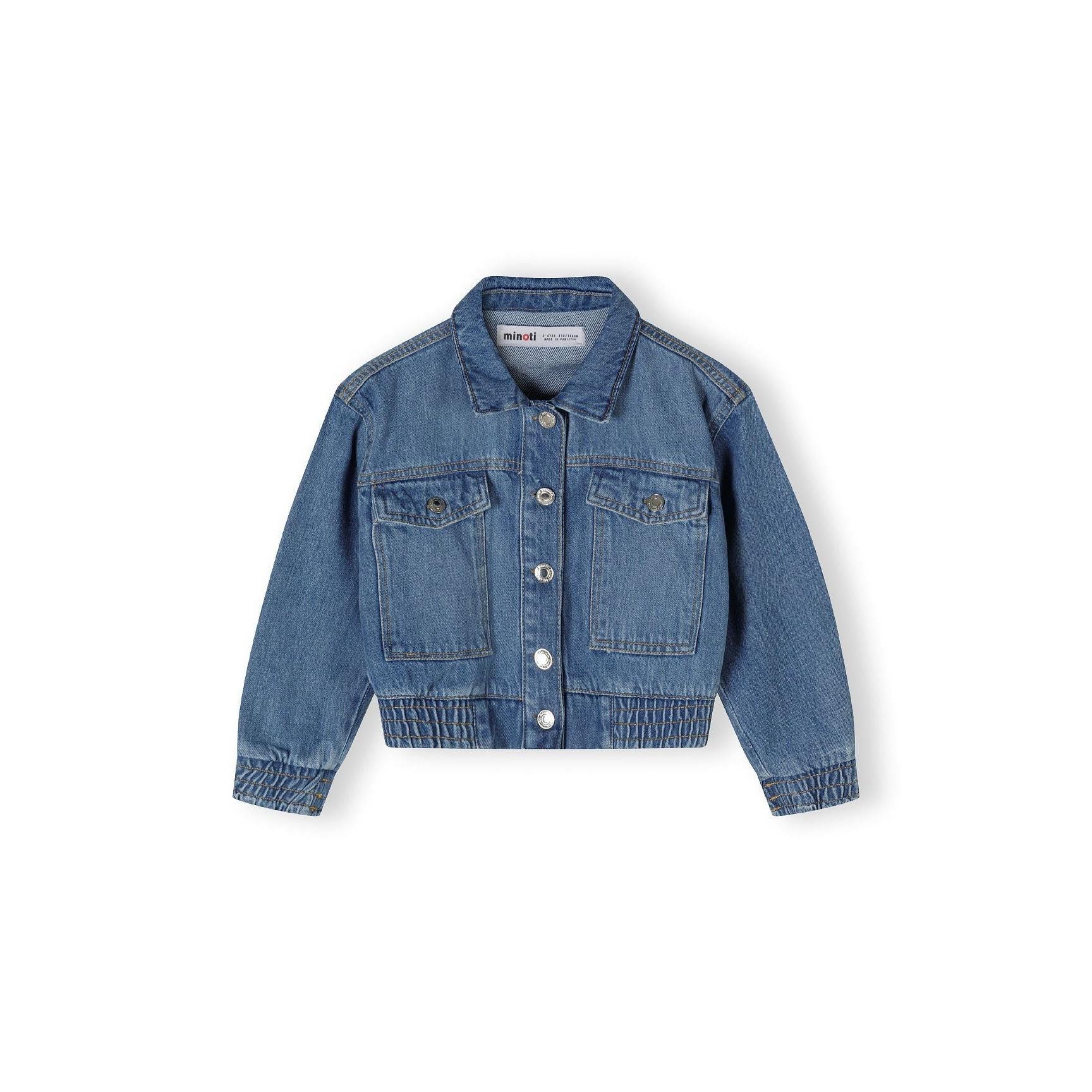 Navy cropped denim jacket back view showing bomber-style silhouette with elasticated hem and cuffs on white background